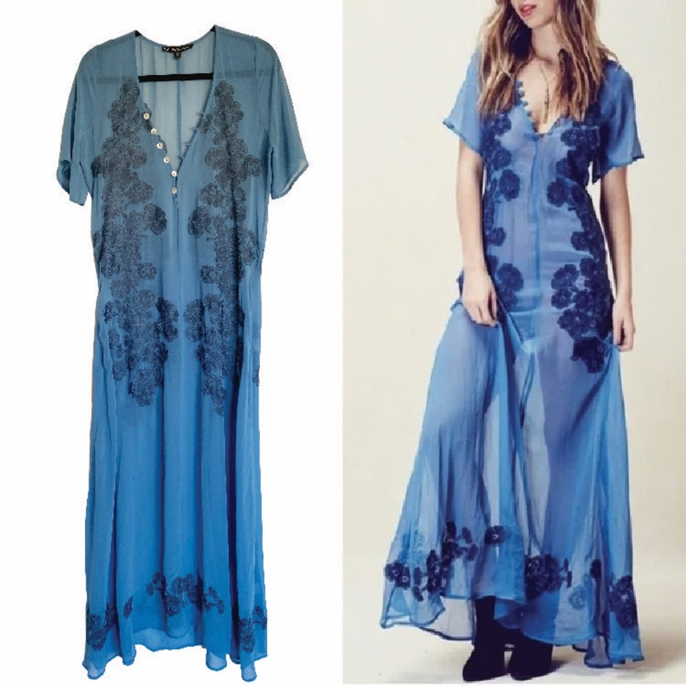 Blue Embroidered V-Neck Maxi Dress